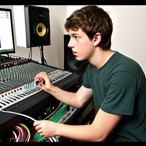 Home 4 **
A young audio technician's first job. The technician is organizing cables and cleaning equipment in a modest recording studio. Focus is on the technician's dedication and willingness to learn in a non-glamorous environment.
**