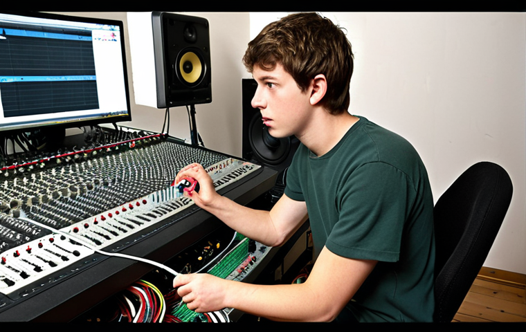 **

A young audio technician's first job. The technician is organizing cables and cleaning equipment in a modest recording studio. Focus is on the technician's dedication and willingness to learn in a non-glamorous environment.

**